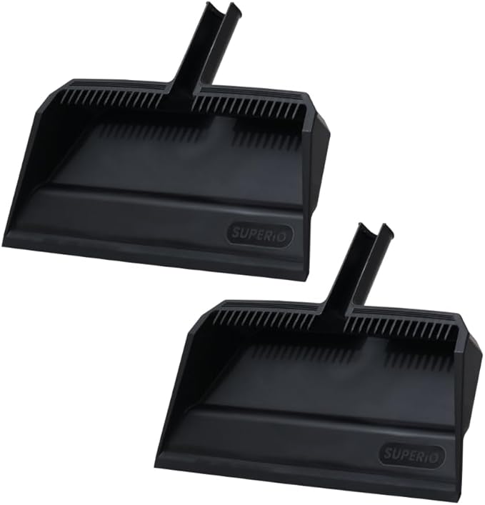 Superio 2-Pack Wide Plastic Dustpan with Comb - 16" Wide, Rubber Lip, Broom Handle Clip, Black