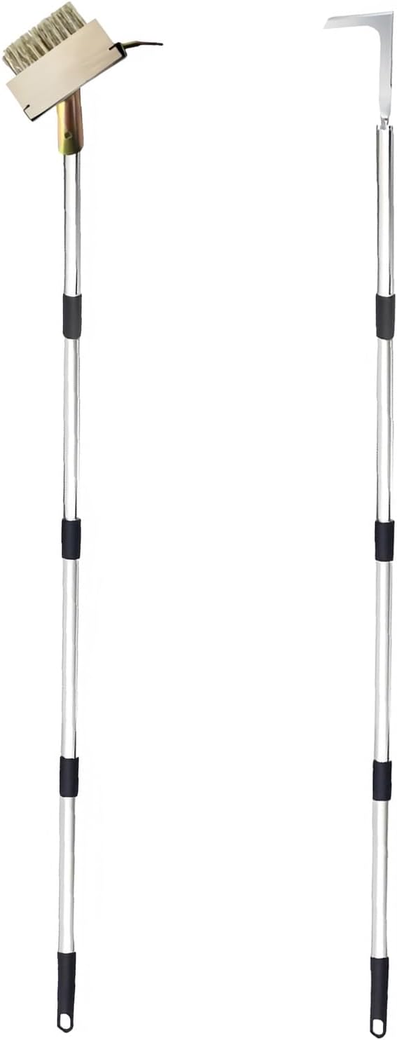 Qivine Weed Remover Tool, 5.25ft Adjustable Ergonomic Handle Weed Brush, 2-in-1 Brass Bristles & Steel Weeding Sickle for Sidewalk Cracks, Driveways, Patios, Gardens (Weed Remover Tool)