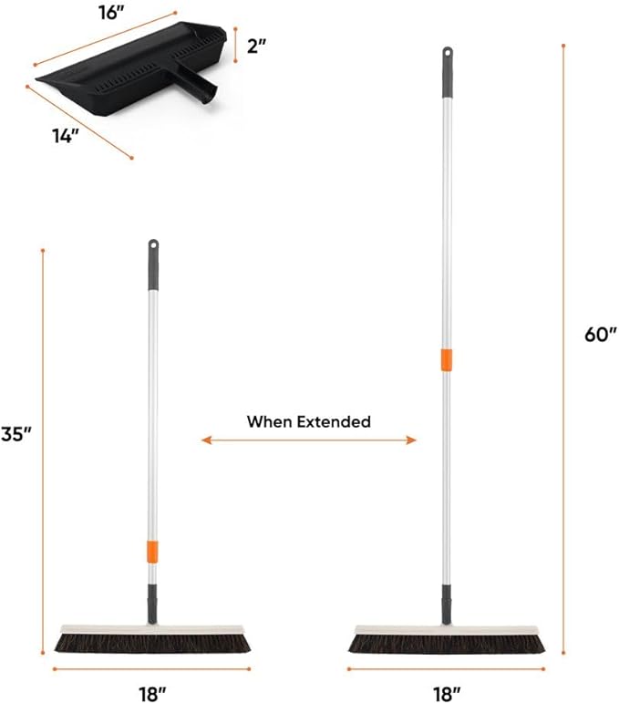 Superio 18" Horse Hair Upright Broom with Telescopic Handle & 16" Black Dustpan with Comb, Rubber Lip & Clip – Narrow Thin Dust Broom for Dog Hair – Hardwood & Tile Floor Cleaning Set – Gray/Black