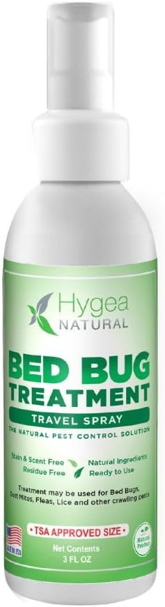 Hygea Natural Lice, Mite, and Bed Bug Natural Travel Spray - TSA Approved size – Child & Pet Friendly – Immediate results – Stain & Odor Free, For Hotels, Suitcase, Backpack, Shoes, Bed Bug Spray(3oz)