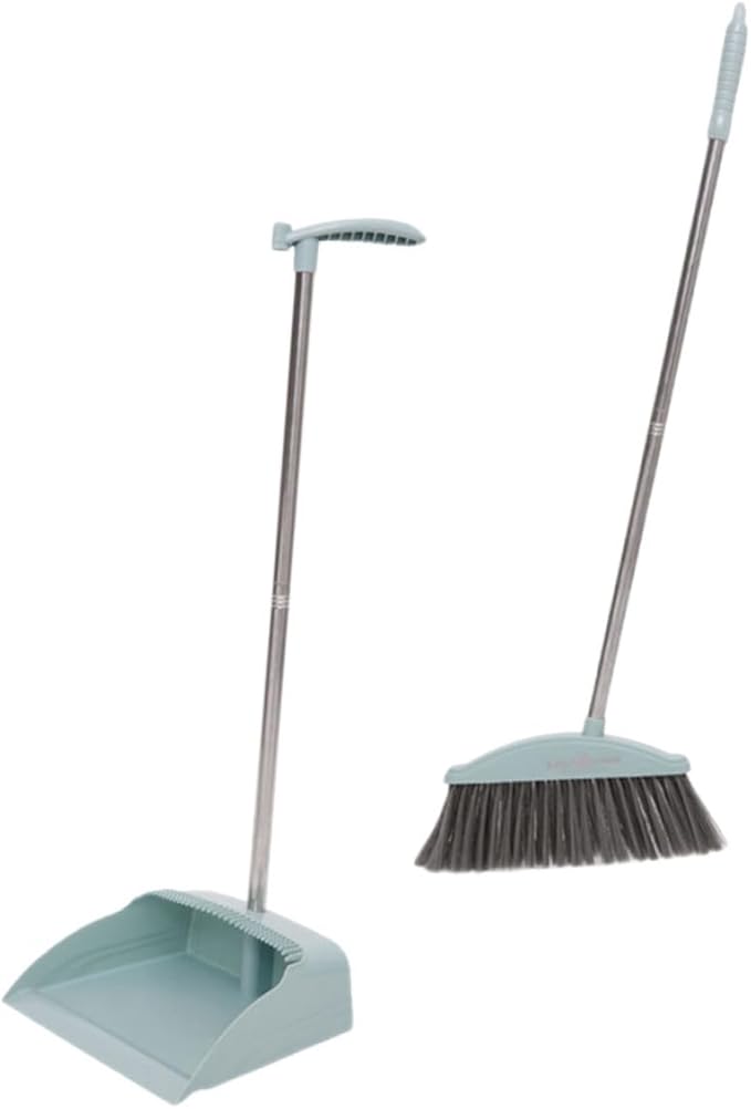 PRETYZOOM Long Handle Broom and Dustpan Non Stick Hair Cleaning Accessories for Home Kitchen Office Floor Sweeping Lightweight and Two Combo in Light Blue