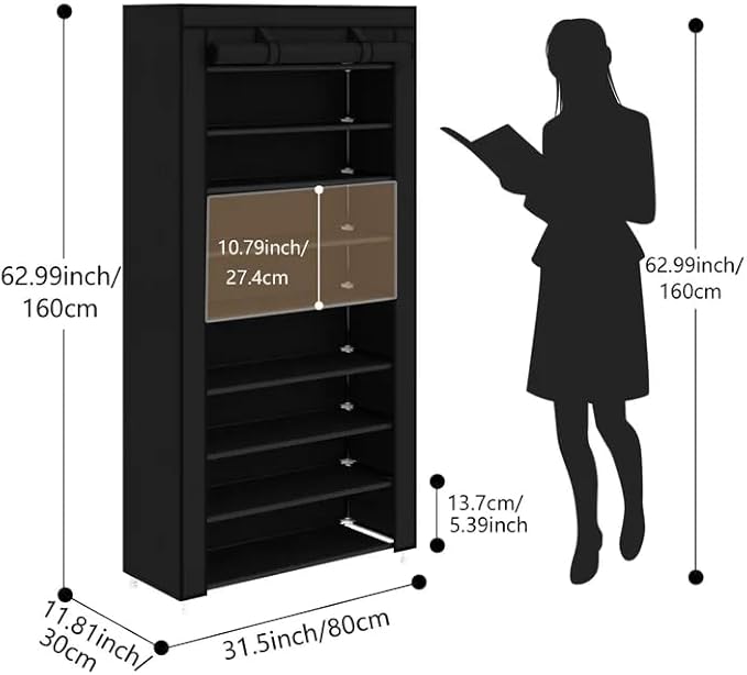 Calmootey 9 Tier Shoe Rack Organizer,Portable Shoe Shelf with Nonwoven Fabric Cover for Closet Hallway,Bedroom,Entryway,31.50x11.81x62.99inches,Black