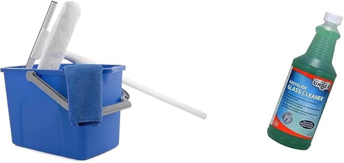 UNGER Window Washing Starter Kit with 2-in-1 10" Microfiber Combi, 3 ft Pole, Cloth, and Bucket + 32 oz Streak-Free EasyGlide Glass Cleaner Concentrate
