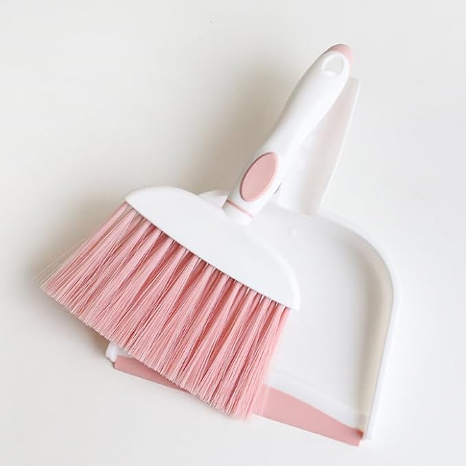 Broom with Dustpan Combo Set Pink Mini Hand Broom and Dustpan Set for Home Desktop Sofa Pet Household Care Camping (White+Pink M3)