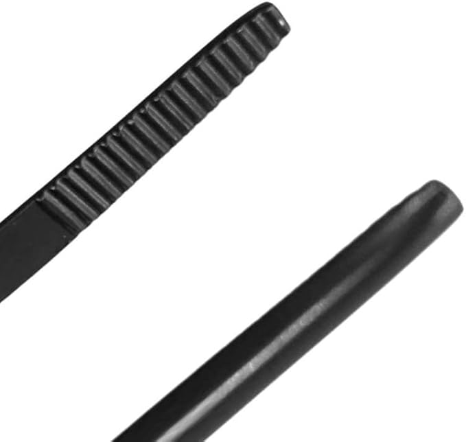 KAKURI Bonsai Tweezers Straight Serrated Tips with Spatula 8.8" - Made in Japan - Professional Bonsai Care Tool - Black Coated Japanese Stainless Steel