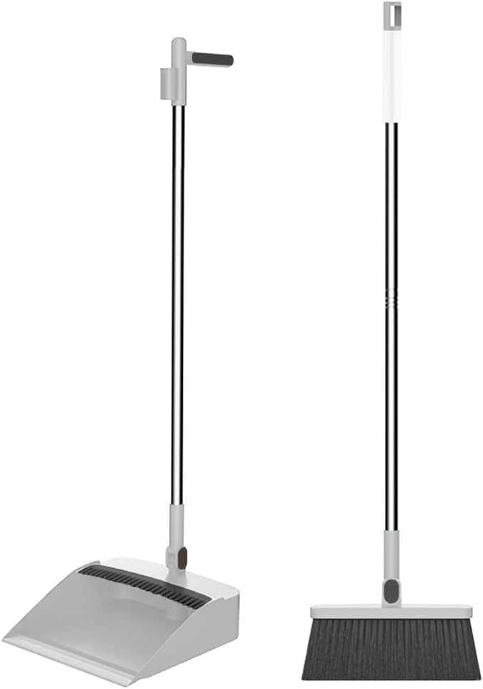 37.8in Broom and Dustpan Set Foldable Hand Brooms for Home & Kitchen with Rotatable Standing Storage, Buckle Type Broom with Dustpan Combo Set Outdoor Brooms Cleaning Tool Apartment Essentials (White)