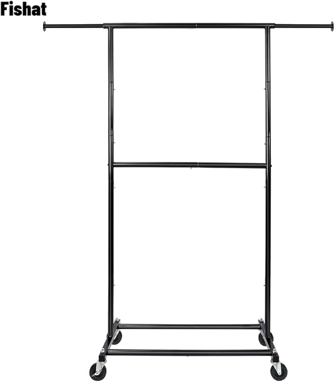 Fishat Black Simple Standard Rod Rolling Garment Clothes Rack, Metal Clothes Organizer with Lockable Wheels