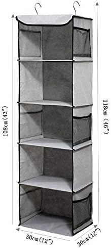 BrilliantJo 5 Shelves Hanging Closet Organizer, 2 Pack Hanging Storage with 6 Side Pockets for Clothes Bags, 43"x12"x12"(Gray)