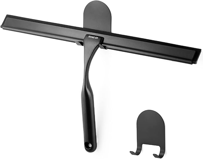 HOME SO Shower Squeegee for Glass Doors – Stainless Steel Squeegee with Adhesive Hooks - Window, Floor & Car Squeegee, Multi-Purpose Bathroom, Mirror & Tile Cleaner - Bathroom Essentials - Black 12"