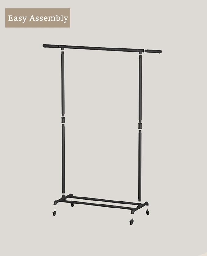 Industrial Pipe Clothing Rack, Heavy Duty Metal Clothes Rack With Wheels, Rolling Garment Rack with Bottom Shelf for Home Boutique Use (Black)