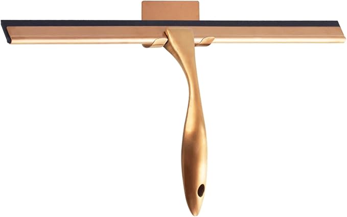 OPERNEE Shower Squeegee with Self Adhesive Hook, 14 Inches Stainless Steel Squeegee Cleaner, All-Purpose Window Scraper for Bathroom Doors, Mirror, Windows and Car Glass, Rose Gold