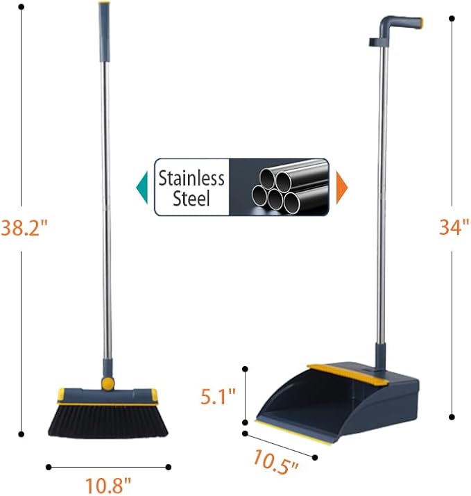 Broom and Dustpan Set for Home, Long Handle Dust Pan and Broom Combo for Indoor Outdoor Heavy Duty Dustpan Set for Kitchen Lobby Office Upright Standing Dustpan with Teeth (Blue)