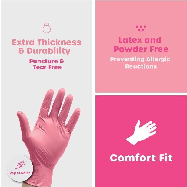 GUSTO Pink Nitrile Disposable Gloves - Latex & Rubber Free, Non-Sterile Powder Free Gloves (Formerly Comfy Package)