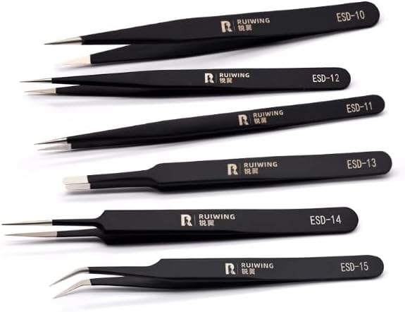 6PCS Precision Tweezers Set, ESD Anti-Static Heavy-Duty Stainless Steel Electronic Tweezers for Electronics Repair, Laboratory, Soldering, Jewelry Making Tools Straight & Curved Tips, Precision Tools