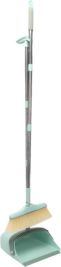 Broom and Dustpan Set,Long Handle Broom and Dustpan Set,Broom with Stand Up Dustpan Combo Set,for Home, Office, Lobby(Green)