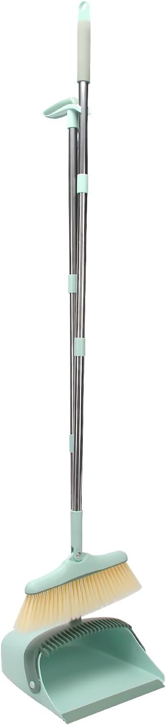 Broom and Dustpan Set,Long Handle Broom and Dustpan Set,Broom with Stand Up Dustpan Combo Set,for Home, Office, Lobby(Green)