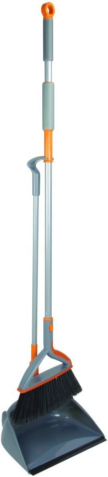 Casabella Quick 'n Easy Upright Broom and Dustpan Set, Gray/Orange, Multi-Surface for Tile, Wood & Laminate Floors