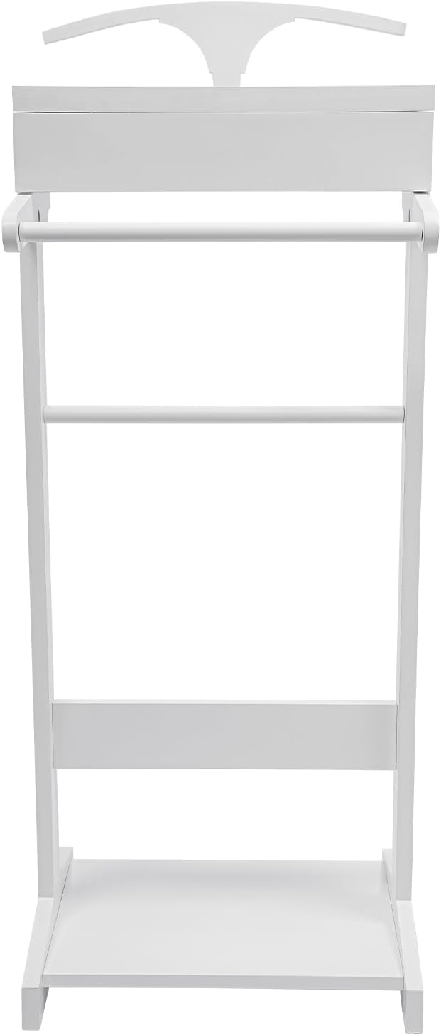 TFCFL Wooden Suit Rack with Drawer & Trouser Holder, Multi-functional Coat Stand for Hats/Scarves/Belts, Space-Saving Standing Suit Valet Stand for Home/Office, 22lbs Load Capacity (White)