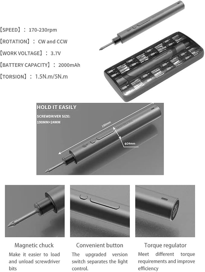 Electric screwdriver set, magnetic precision bits cordless lithium charge LED power screwdriver, Rechargeable, Repair Tool Kit for electronics, grey, 7.5x1x1 inches (CS 1901A)