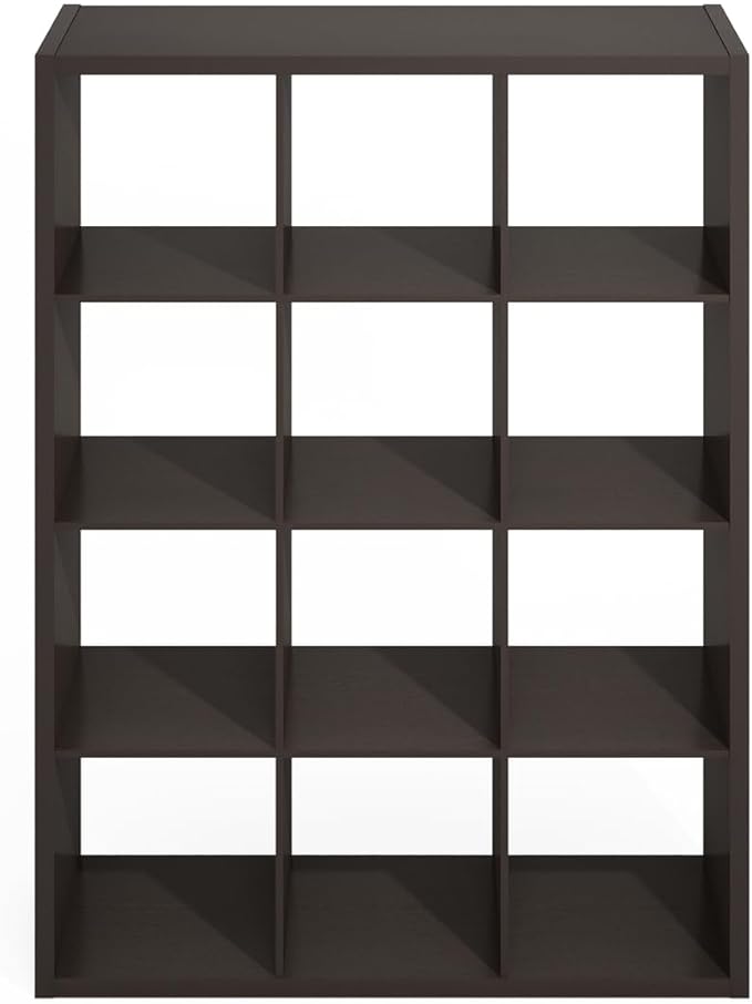 Furinno Simple Cube Storage Organizer, 12-Cube Display Shelf, Open Back Shelving Unit, Storage Shelves, Extra Thick Frame, for Organization and Storage, Living Room, Home Office, Dark Oak
