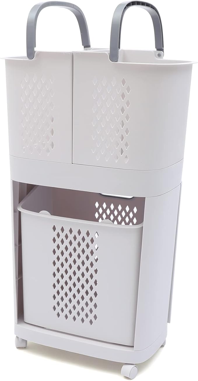 Laundry Basket Organizer Storage Shelf with Frame and Baskets Storage Drawers Unit,Laundry Towel Hamper Cabinet Tower One Part Compartment Sorter Basket(2-Tier,With Wheels)