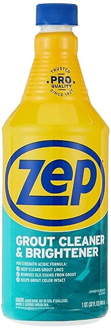 Zep Grout Cleaner and Brightener and Easy to Use Handheld Brush - 32 oz (Case of 2) - ZU104632 - Deep Cleaning Formula Removes Old Stains From Grout