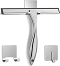All-Purpose Stainless Steel Shower Squeegee for Shower Glass Door with 2 Adhesive Hooks, Bathroom Cleaner Tool Household Window Mirror Squeegee , Cleaning Tile Wall, Car, 10 Inch Silver