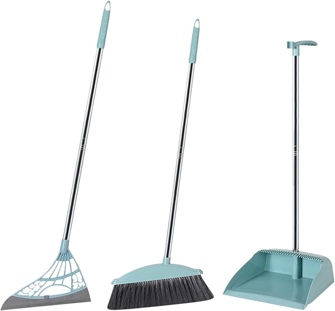 Broom and Dustpan Set with Wiper Long Handle Hand Broom for Home & Kitchen with Scraping Teeth and Scraper, Outdoor Broom Household Cleaning Tool Apartment Essentials Cute Stuff