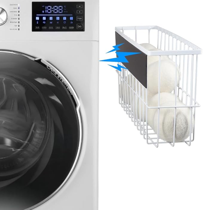 Picowe Extra Large Dryer Ball Organizer Magnetic Storage Bin, Magnetic Basket Dryer Ball Holder for Laundry Room Organization and Storage to Hold 10 Plus Dryer Balls, Without Balls (White, XL )