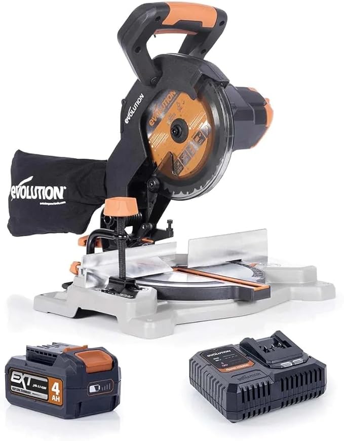Evolution R185CMS-Li 7-1/4" Cordless Compound Miter Saw, Multi-Material TCT Blade, 20V EXT Li-Ion, Battery & Charger Included, Cuts Wood, Metal, Plastic, 45° Miter & 45° Bevel, Compact & Powerful