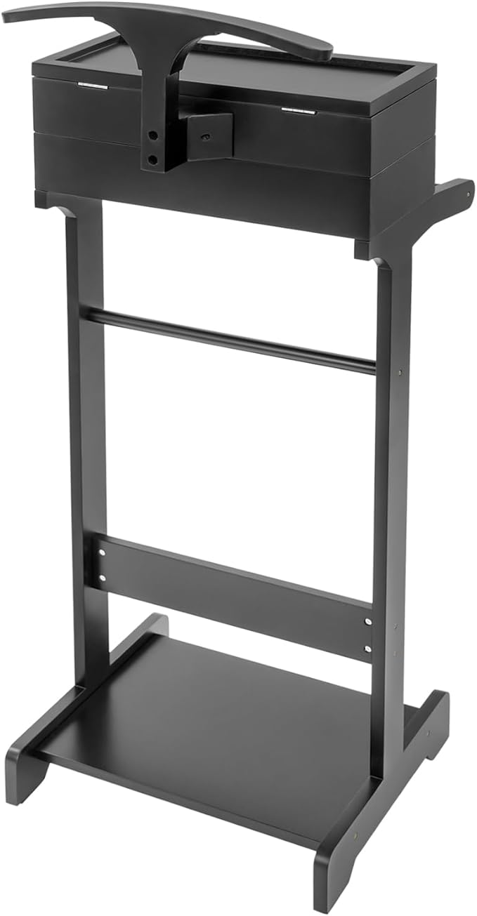 Valet Stand with Drawer and Top Tray, Wood Mens Suit Valet Stand with Wood Base, Freestanding Clothes Valet Stand with Hanger, Storage Organizer for Entryway Office Living Room (E, Black)