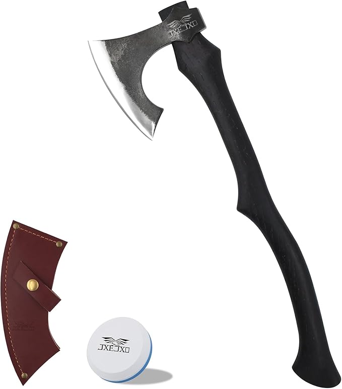 JXE JXO 22.8 Inch Hatchet, Splitting Axe 1065 High Manganese Steel, Hickory Handle Tomahawk Axe with Leather Sheath