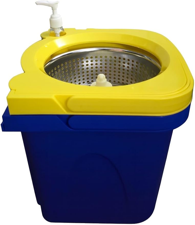 Thunder Mop Spin System - Double-Sided - 2 Compact Stackable 6L Buckets, Microfiber Head, Stainless Steel Wringer, Antifungal Quick-Dry Cleaning, Soap Dispenser, 3 Free Refills (Yellow/Blue)