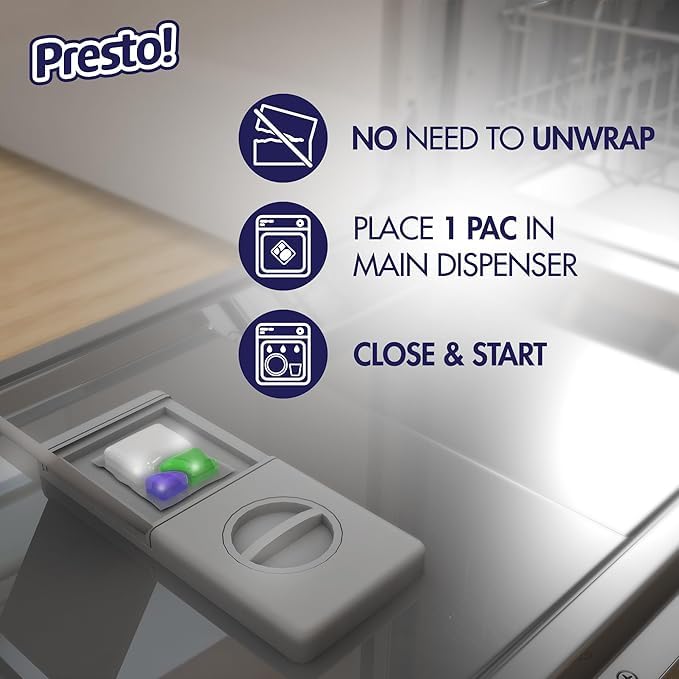 Amazon Brand - Presto! Triple Action Dishwasher Pacs, Anti-spotting, Fresh Scent, No Phosphates or Chlorine, 70 Count
