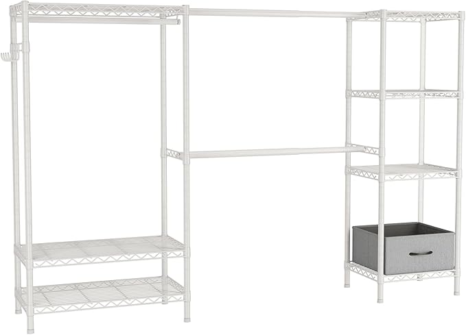 Golpart Coat Rack Clothes Wardrobe：Closet Organizer and Storage Clothing Garment Rack with Shelves Heavy Duty for Hanging Clothes Portable Adjustable White 15.8" Dx(70-88.5)" Wx76.5 H