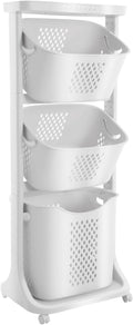 3 Tier Rolling Laundry Basket, Stacked Laundry Basket Organizer, Free Standing Portable Storage Baskets, Rolling Laundry Hamper Cart with 4 Wheels for Clothes, Toiletries, Snacks