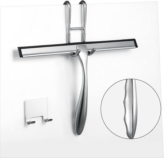 Shower Squeegee for Glass Doors,12-Inch Shower Glass Squeegee, Sliver Shower Squeegee for Shower Doors,Mirror,Windows, with Shower Door Hook and Adhesive Hook