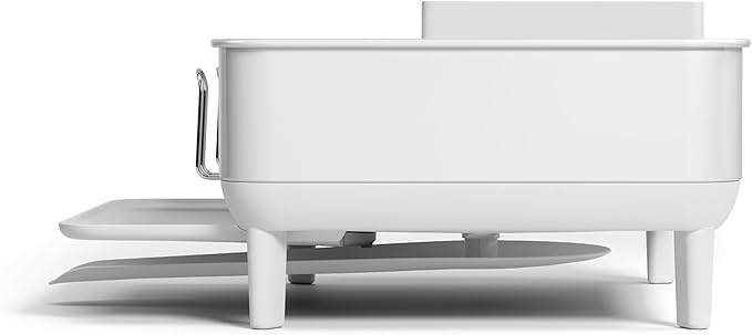 simplehuman Compact Dish Drying Rack with Stainless Steel Frame, 360º Easy Drain Swivel Spout, Utensil Holder, Anti-Residue Coating, Moisture Control Surface, White