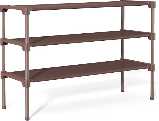 34" Widening Design Shoe Rack for Closet 16 Pairs Small Spaces Non-Woven 3 Tier Shoe Organizer Stackable Metal Shoe Shelf for Entryway, Bedroom Brown
