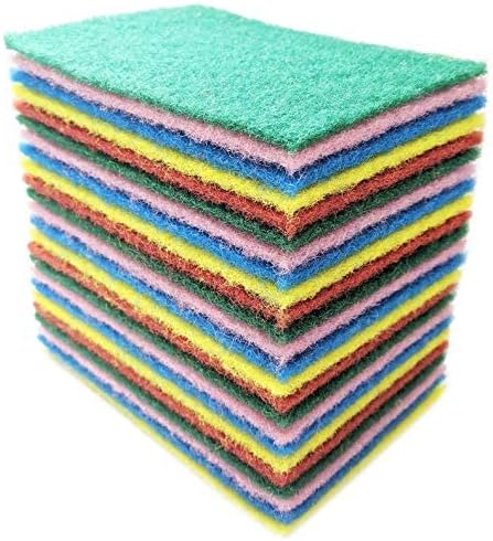 Bundaloo 24 Pack Scouring Pads Scrubbers Set in Red, Yellow, Pink, Green and Blue - Multipurpose, Non Abrasive, Non Scratch - Synthetic Fiber Cleaning and Scouring Scrubs - 6x4 Inches…