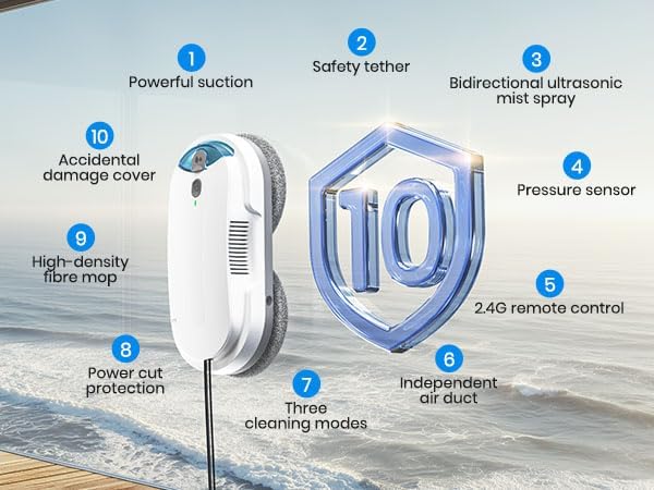 Window Cleaning Robot – 2400-3200Pa Suction, Dual Ultrasonic Spray, 85ml Tank, Edge Detection, Anti-Drop, 3 Cleaning Modes for Streak-Free Glass