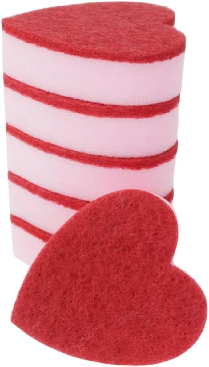 Heart Shaped Sponge, Dual-Sided Kitchen Scrubber for Washing Dishes, Pots, Pans and General Household Cleaning, Pink (6 Pack)