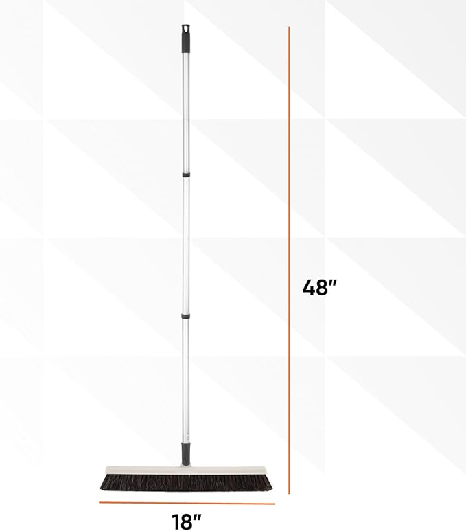 Slim Upright Horsehair Broom 18" – Narrow Thin Dust Broom for Hardwood Floors, Soft Bristles for Dog Hair – Swivel Head with 48" 3-Part Handle – Home & Kitchen Use