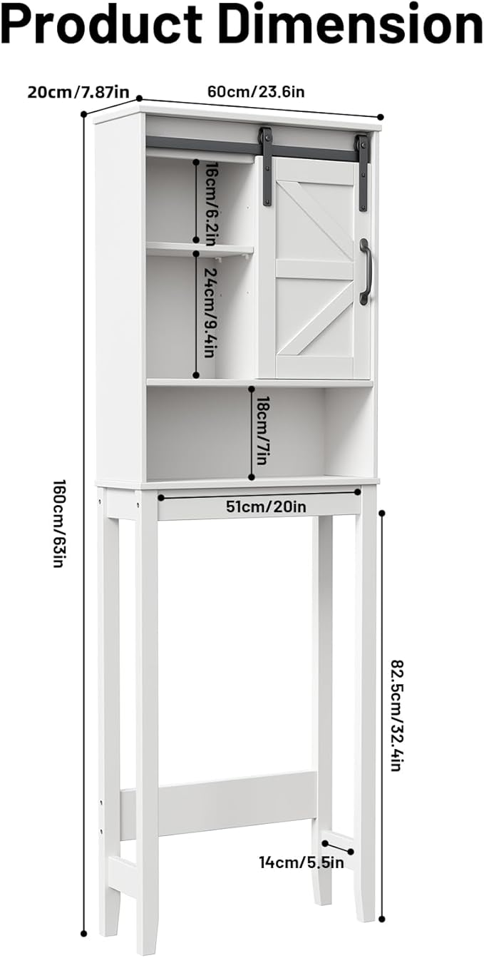 Over The Toilet Storage Cabinet, Bathroom Organizer with Adjustable Shelves and Anti-Tip Device, Space-Saving Storage Solution, White