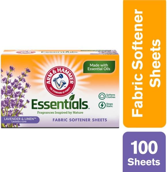 Arm & Hammer Essentials Fabric Softener Sheets, Lavender & Linen, Made with Essential Oils, Softens Clothes, Stops Static, 5.5x9 inches, 100 Count (Pack of 2)