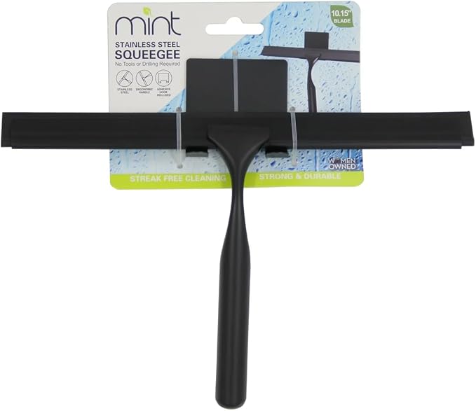 J&V TEXTILES All-Purpose Stainless Steel Shower Squeegee for Glass Doors with Adhesive Hooks, Squeegee for Shower Glass, Bathroom Household Cleaner Tool, 10 Inch (Black)