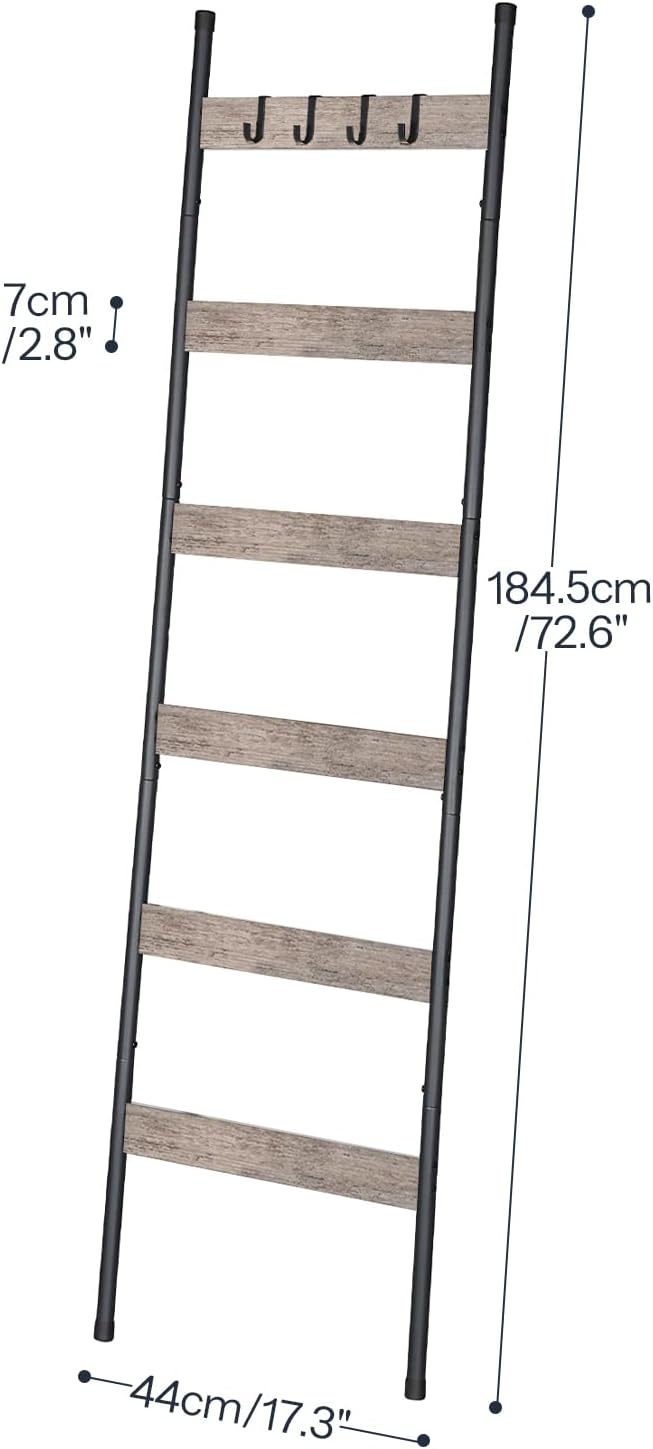 HOOBRO Blanket Ladder, 6-Tier Towel Rack with Hooks, Wall-Leaning Blanket Rack, Decorative Display Ladder Shelf, Scarves, Industrial, Living Room, Bedroom, Black and Greige BG66CJ01