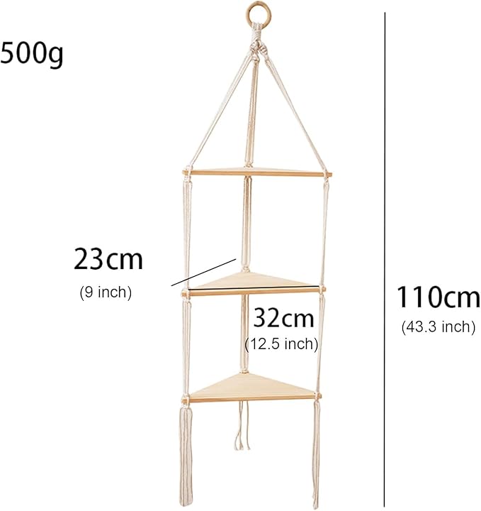Hanging Shelf with Natural Wood, 3-Tier Rope Shelf | Handmade Boho Wall Decor for Floating Display, Ideal for Plants, Photos & Storage in Bathroom, Bedroom, Living Room & Nursery