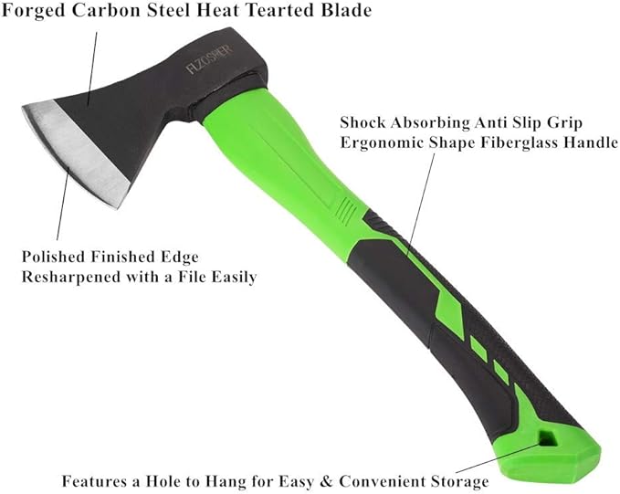 FLZOSPER Chopping Axe,15” Camping Hatchet，Forged Steel Wood Splitting Tool with Strong Fiberglass Handle and Anti-Slip Grip with Anti-Slip Grip-Even Free Head Cover