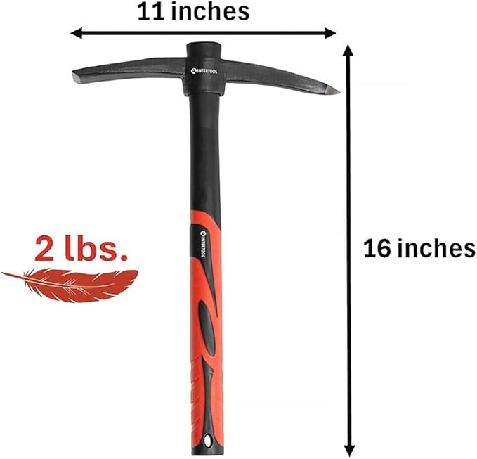 INTERTOOL Hand Pick Axe -15-Inch Forged Steel Weeding Mattock Adze Hoe 1.5 lb with Anti-Slip Fiberglass Handle - Heavy-Duty Garden Tool for Roots, Rocks, Digging & Camping HT08-0303